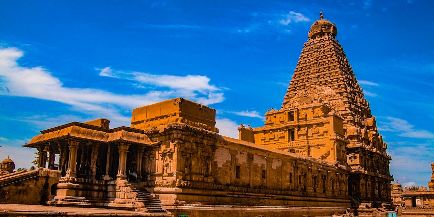 An image of Brihadeeswarar Temple in Thanjavur featuring grand architecture and carvings.