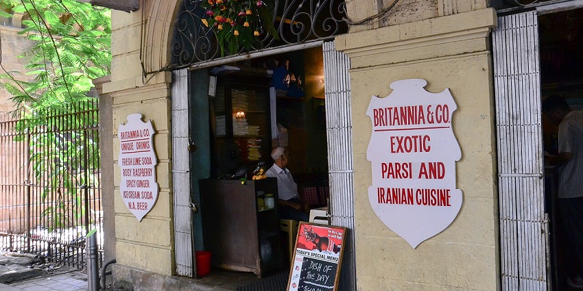 Entry of the famous Irani cafe, Britannia & Co. with a today's special displayed outside