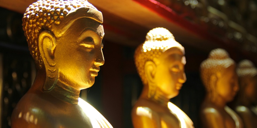 Image of serene golden statues of Gautama Buddha, symbolising peace and spirituality.