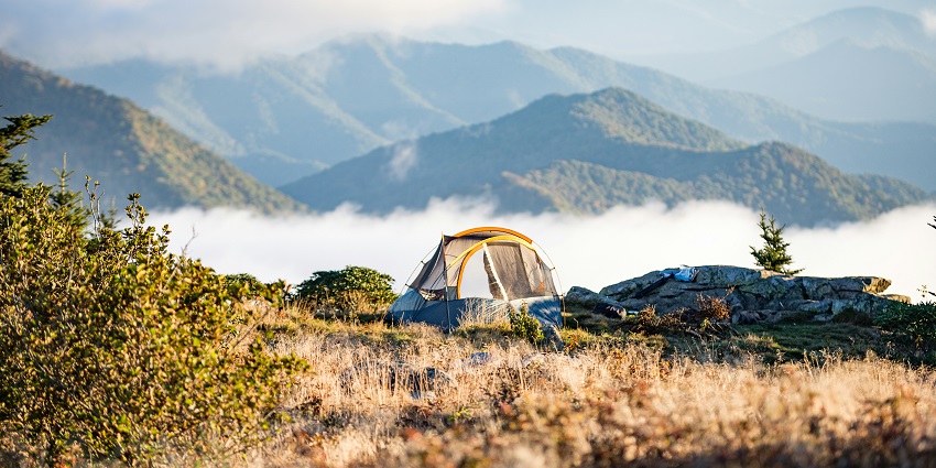 A view of a camp set up on the majestic peaks surrounded by lush green vegetation.