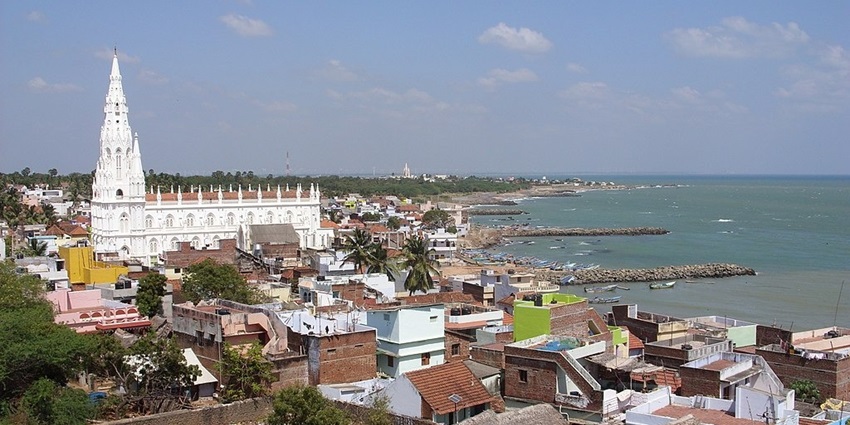 Stunning view of Kanyakumari Church with its tall spires and white Gothic architecture.