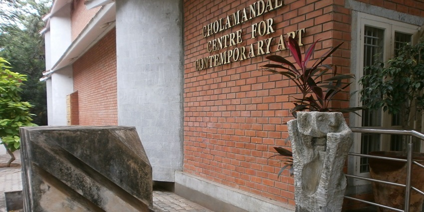 Stone art installations in the building of the Cholamandal Center for Contemporary Art.