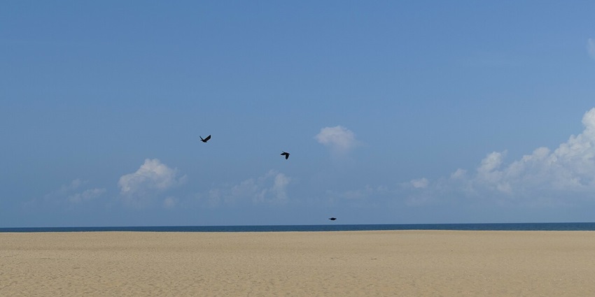 A wide view of Covelong Beach shows soft white clouds scattered across a bright blue sky.