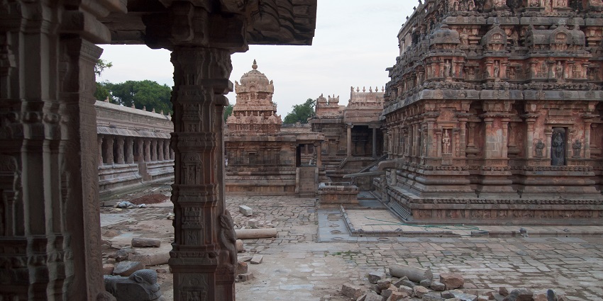 Darasuram Airavatesvara Temple with detailed pillar structure and grand architecture.