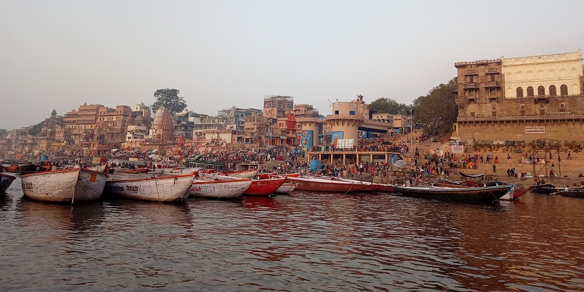 Dashashwamedh Ghat in Varanasi, a popular tourist attraction near Vishalakshi Temple, bustling with life