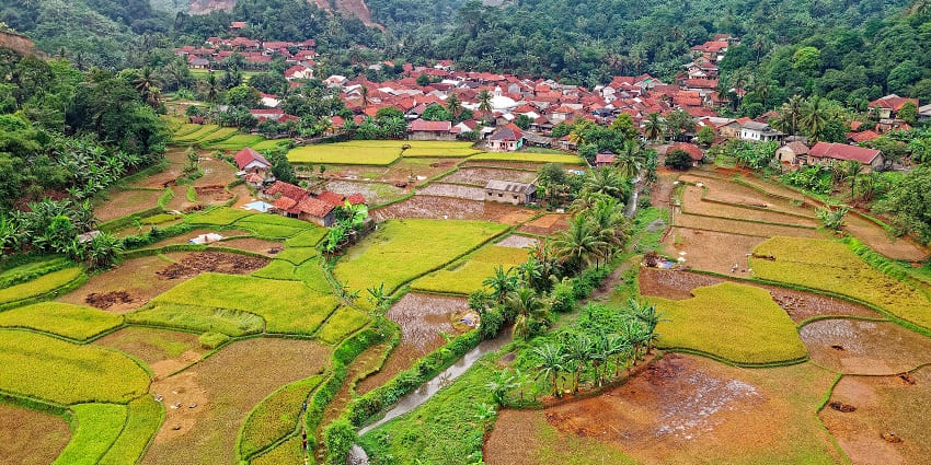 Scenic aerial view of the fields and houses all around this beautiful village