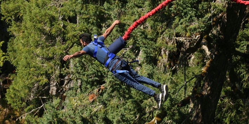 A 83 metre drop while bungee jumping in Rishikesh.