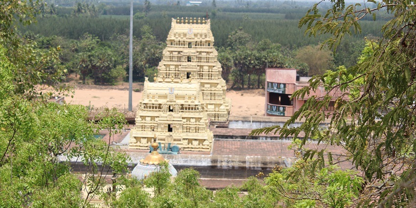 Tall gopuram of the Brihadeshwar temple of Thanjavur with detailed carvings and a camera.