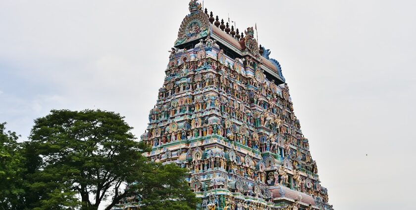 Dhenupureeswarar Temple with intricate carvings on its pillars and detailed architecture.