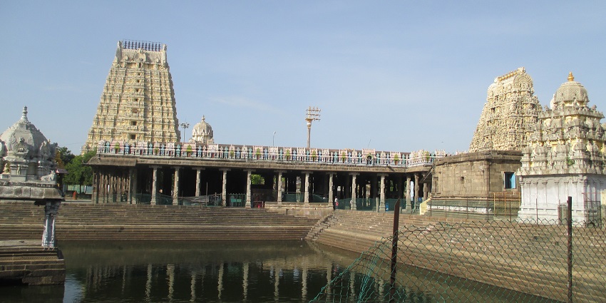 View of the Ekambareswarar Temple's tower, an important Jyestha Devi temple in Kanchipuram, India.