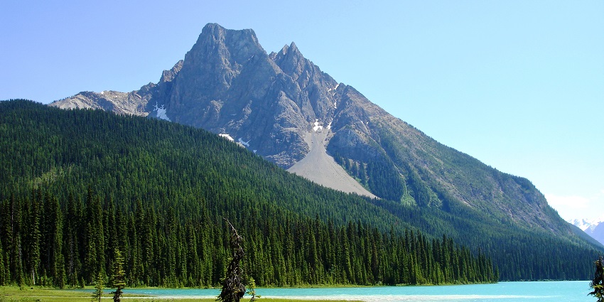 Panoramic view of Mount Burgess and Emerald Lake, highlighting their stunning natural beauty