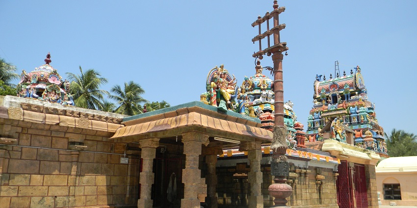 An inside view of the Engan Murugan Temple which is surrounded by vibrant sculptures