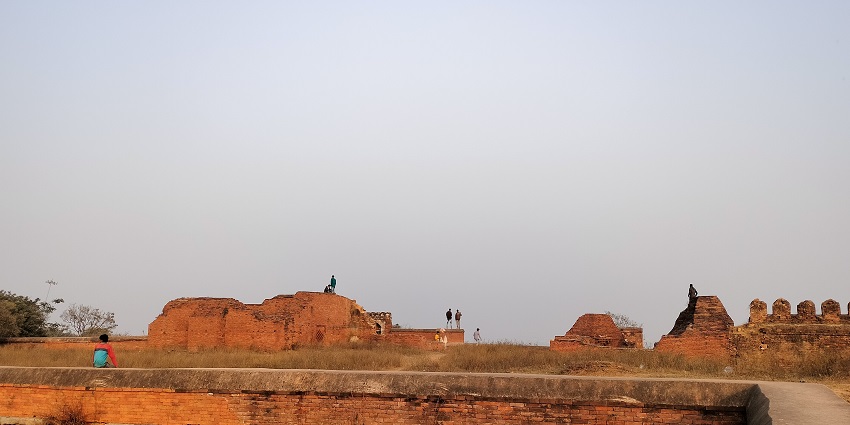 Ancient ruins of monasteries in Bihar Sharif, displaying scattered architectural design.