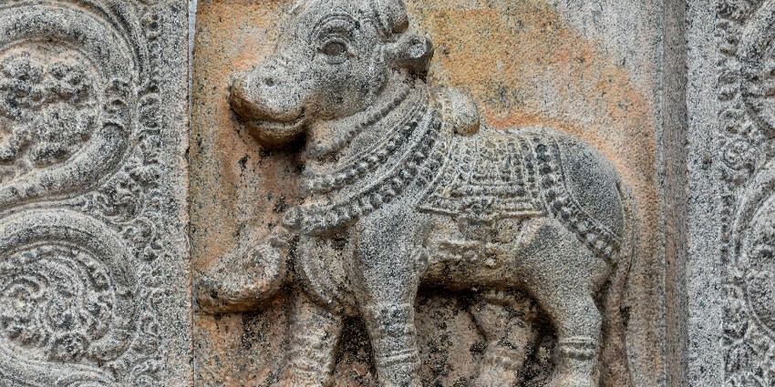 Detailed sculpture carved with details on the stone walls of the Nataraja Shiva temple.