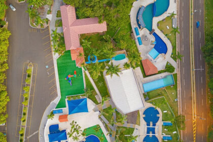 Aerial view of Fantasy World Water Park showing water slides, pools, and greenery