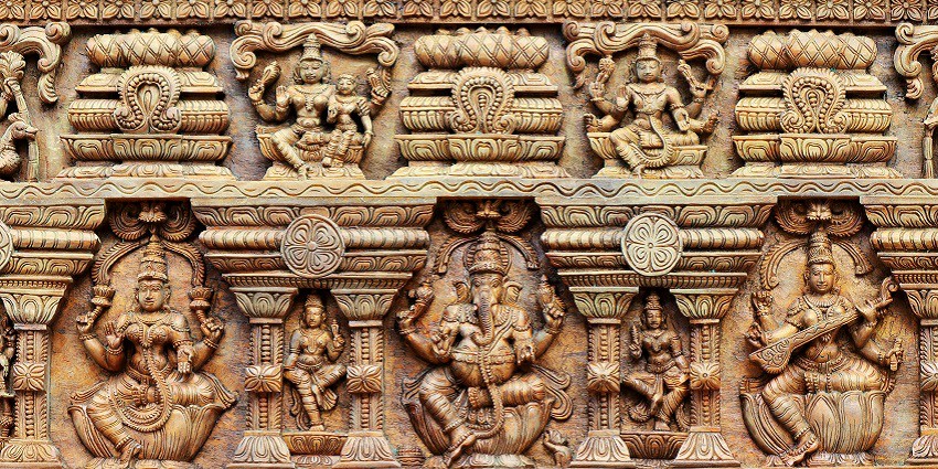 An image of golden sculptures of one of the Varahi Amman temples in Coimbatore.