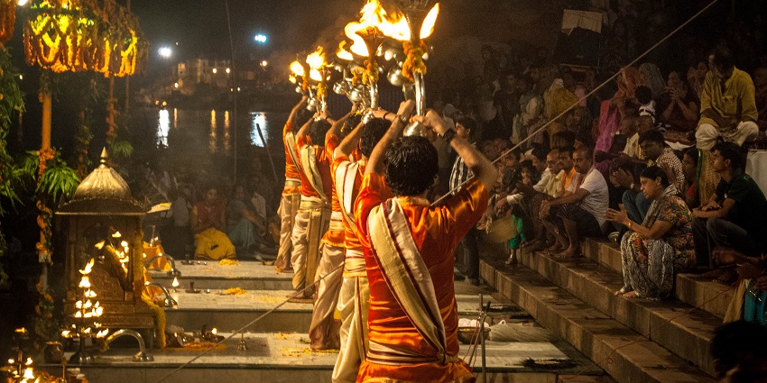 Evening Ganga Aarti ceremony at Dashashwamedh Ghat, a popular place near Ramnagar Fort.