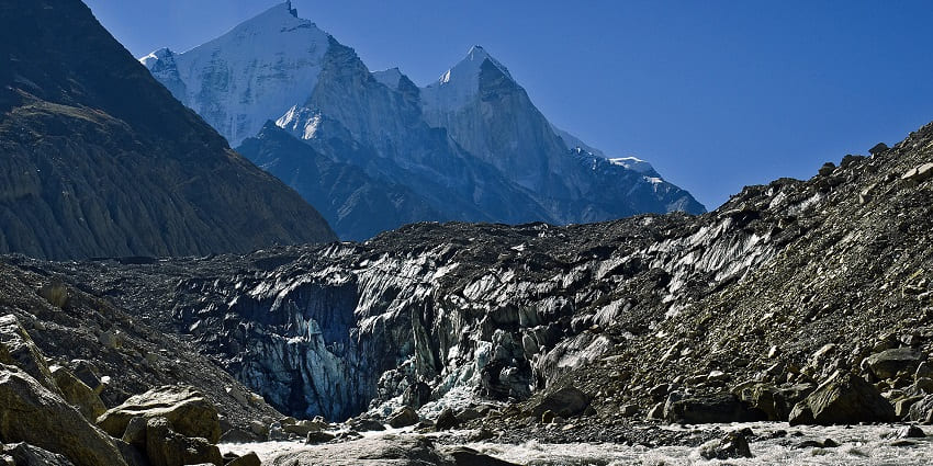 Sacred snout of the Gangotri Glacier, a revered pilgrimage site.