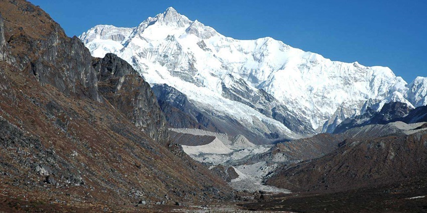A picture of a snow-capped mountain in Sikkim, taken on the way to the Goecha La Trek