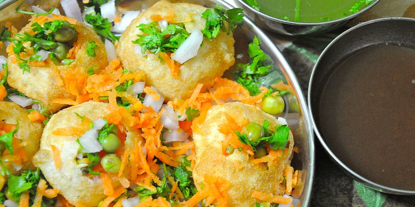 Delicious golgappa served in Delhi, India, a great place for flavoursome street food.