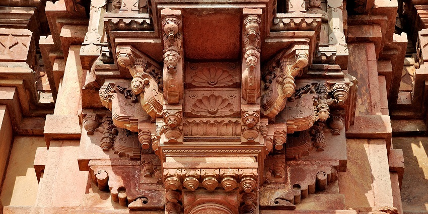 A beautifully carved stone structure of the Govind Dev Ji Temple in Vrindavan