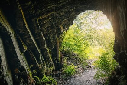 A large cave opening of the Gupta Dham caves, gazing out towards a scenic view of lush greenery