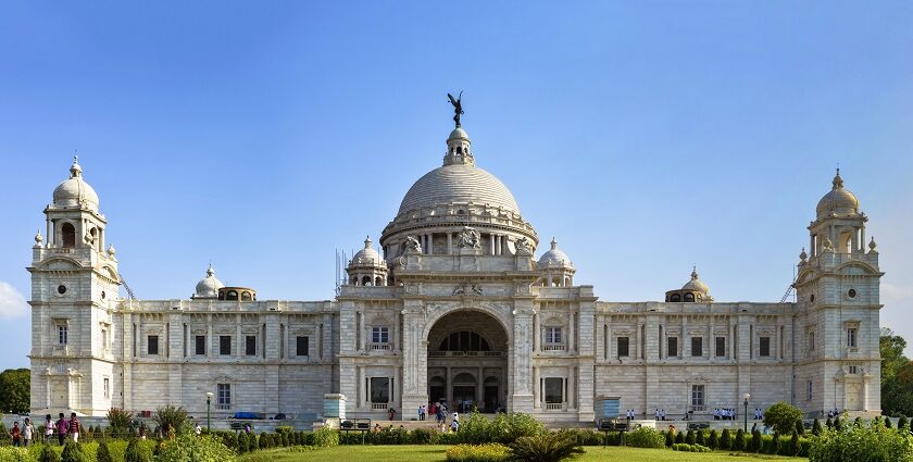 The popular Victoria Memorial monument in Kolkata with lush garden in front