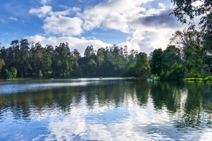 A picture of a beautiful lake and view, rippled water reflecting the blue colour sky.