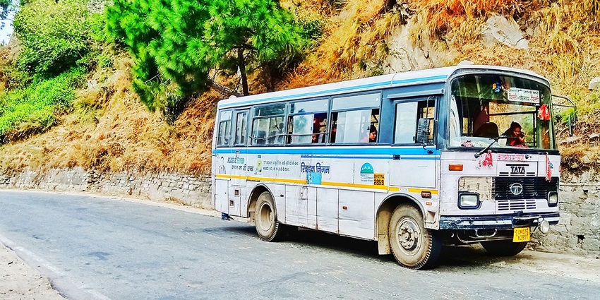 Uttarakhand Roadways bus carrying passengers to Dhanaulti Adventure Park
