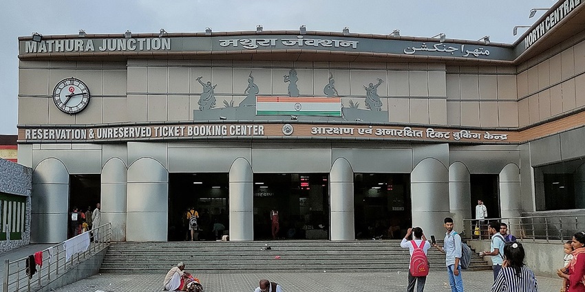 An image of Mathura Junction Railway Station, showcasing its architecture and busy platform