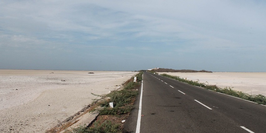 Road leading to Kothandaramar temple in Rameswaram with no vehicles passing through.