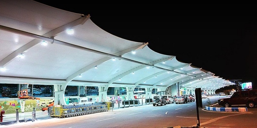 Coimbatore International Airport's well-lit terminal area and drop-off and pick-up area