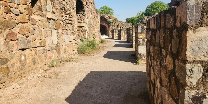 View of the halls inside the Bhuragarh fort surrounded by tall trees