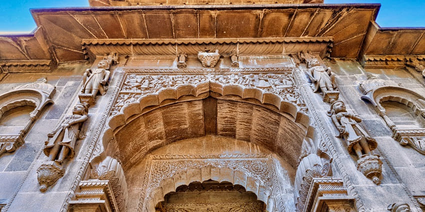 Close up view of the intricate architecture of Krishnabai temple