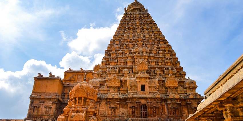Close up view of the Sathuragiri Temple, showcasing the intricate architecture