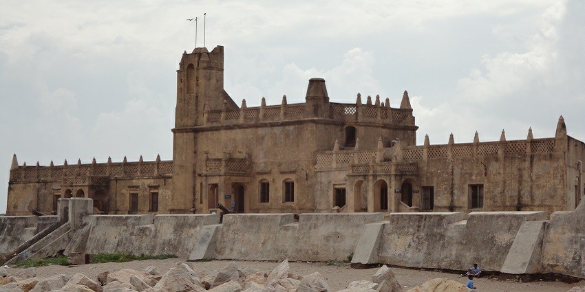 View of the Tranquebar fort, with large rocks in the front