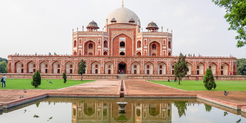 Humayun's Tomb beautiful surrounding showing a dense green garden near Okhla Wildlife Sanctuary.