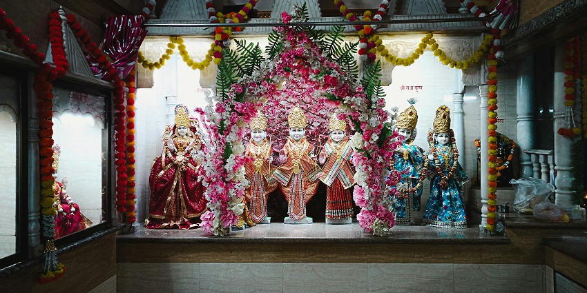 Majestic ISKCON temple in Gorakhpur with intricate designs, colorful deities, and serene surroundings