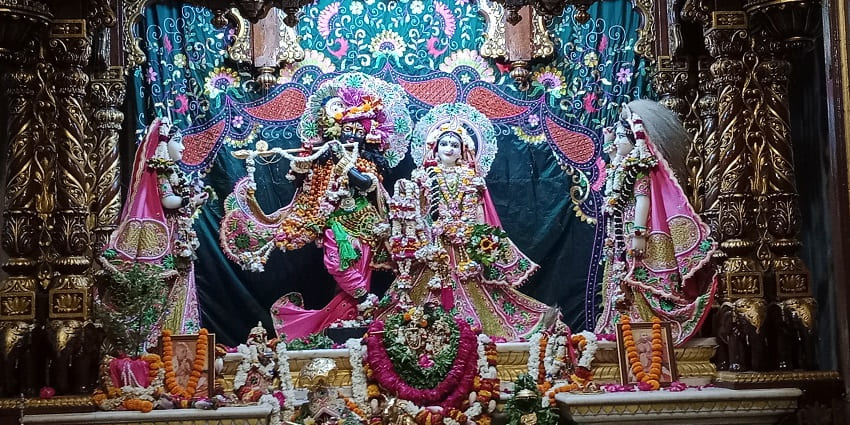 ISKCON Temple, a famous place near Nidhivan temple, featuring intricate temple architecture.