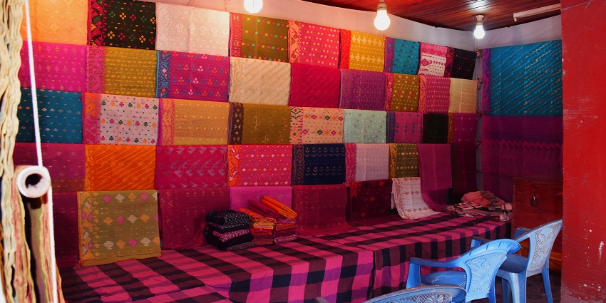 Vibrant sarees on display at the Jagdish Das Shah saree shop