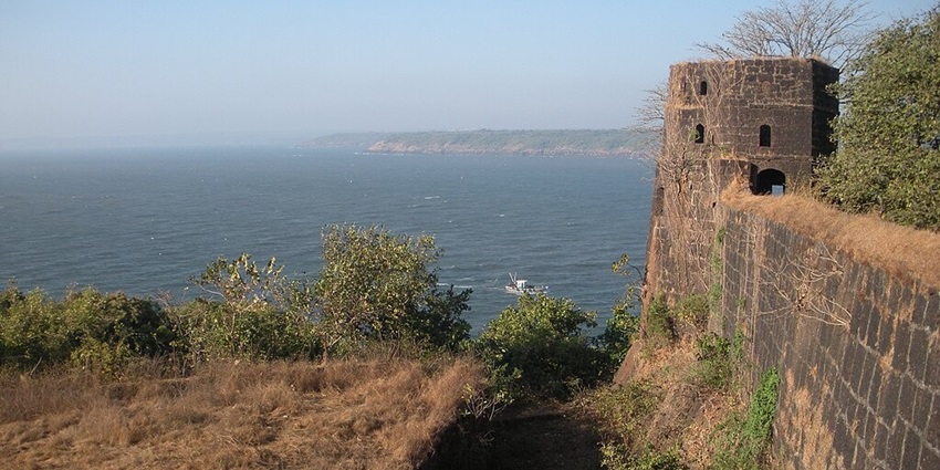 View of the river from the Jaigad fort, a tourist attraction near Ratnagiri Marine fish museum