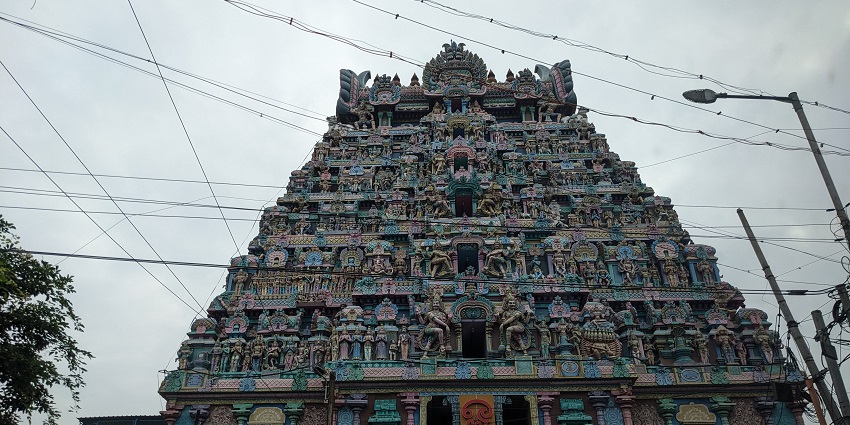 Ancient temple structure of Jambukeshwarar temple with painted carvings and sculptures