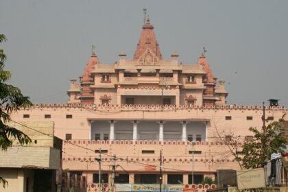 A view of the Janmabhoomi temple structure with intricate carvings and architectural details.