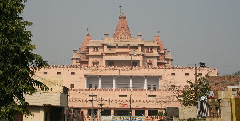 A view of the Janmabhoomi temple structure with intricate carvings and architectural details.