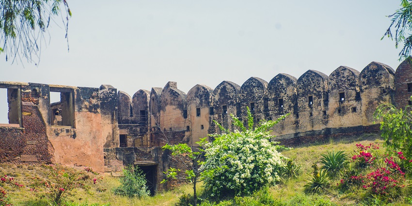 The ruins of the ancient Jaunpur Fort surrounded by lush green landscape and flowers.