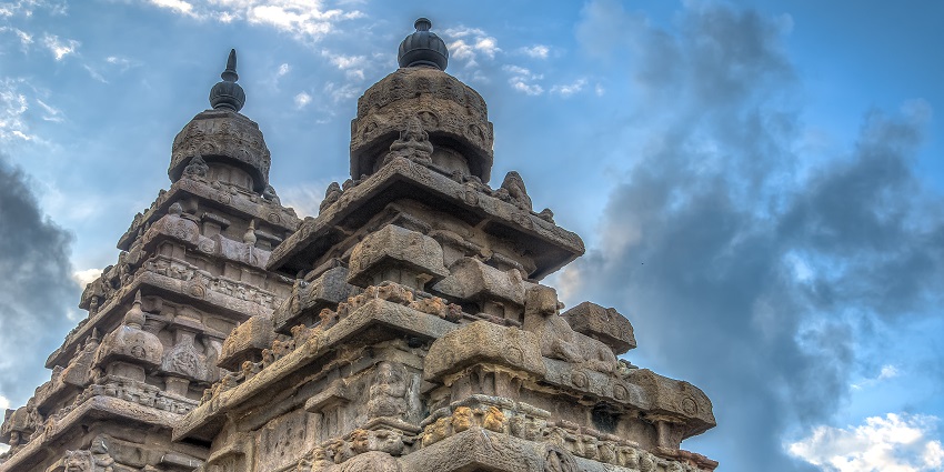 Close-up view of a temple, showcasing its intricate stone carvings.