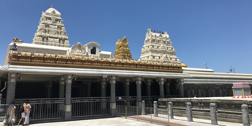 Mandapa and shrine vimanas of Kamakshi Amman Temple in a holy Jyestha Devi temple in Kanchipuram.