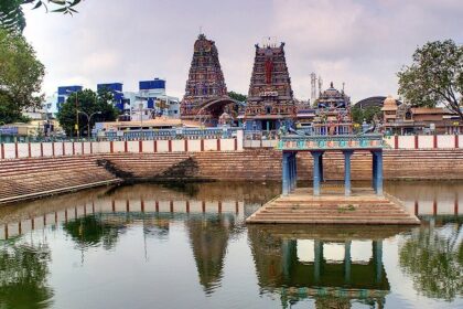 The sacred tank inside the premises of the Kandhakottam Temple, Chennai.