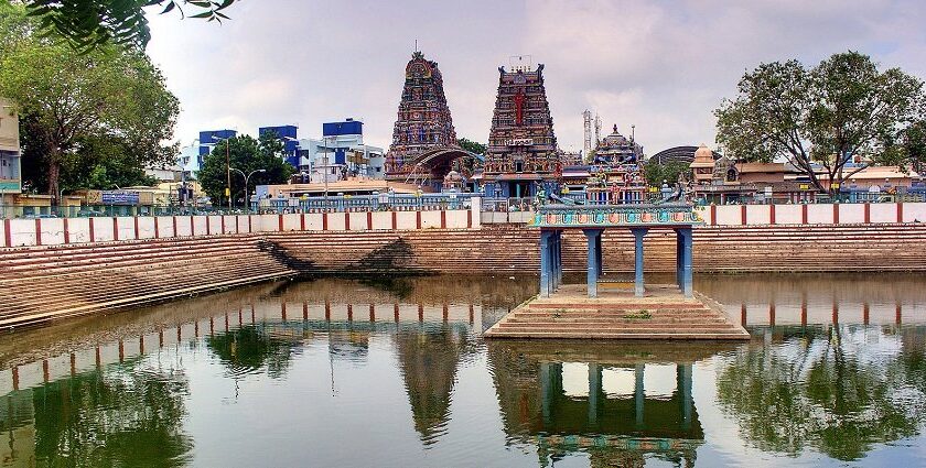 The sacred tank inside the premises of the Kandhakottam Temple, Chennai.