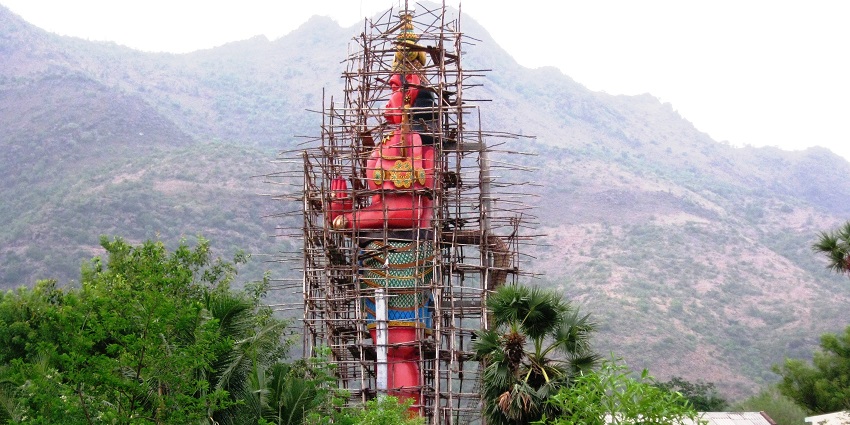 Standing tall, a 77-foot statue of Lord Hanuman at Sri Viswaroopa Anjaneya Swami Temple